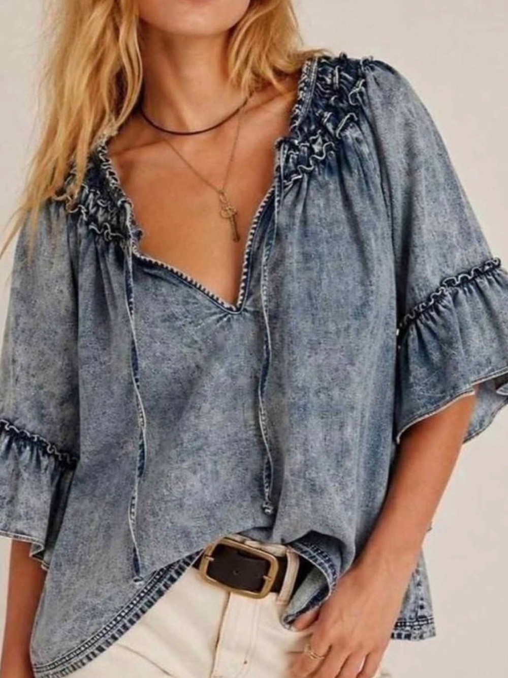Free People Washed Denim-Blue Smocked Peasant Top